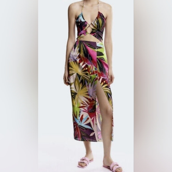 ZARA MULTICOLORED TROPICAL PRINT CUT OUT OPEN BACK DRESS SIZE S. - Picture 6 of 16